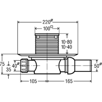 Sausas reguliuojamo aukščio trapas su nerūdijančio plieno grotelėmis ir sandarinimo žiedu VIEGA, d 50, horizontalus