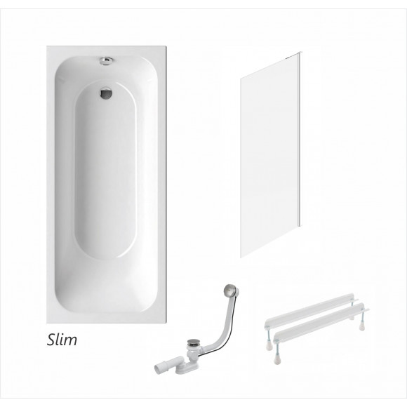 Stačiakampės vonios komplektas Ravak Chrome Slim, 150x70 su vonios sienele
