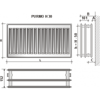 Radiatorius PURMO H 30, 500-800, pajungimas šone